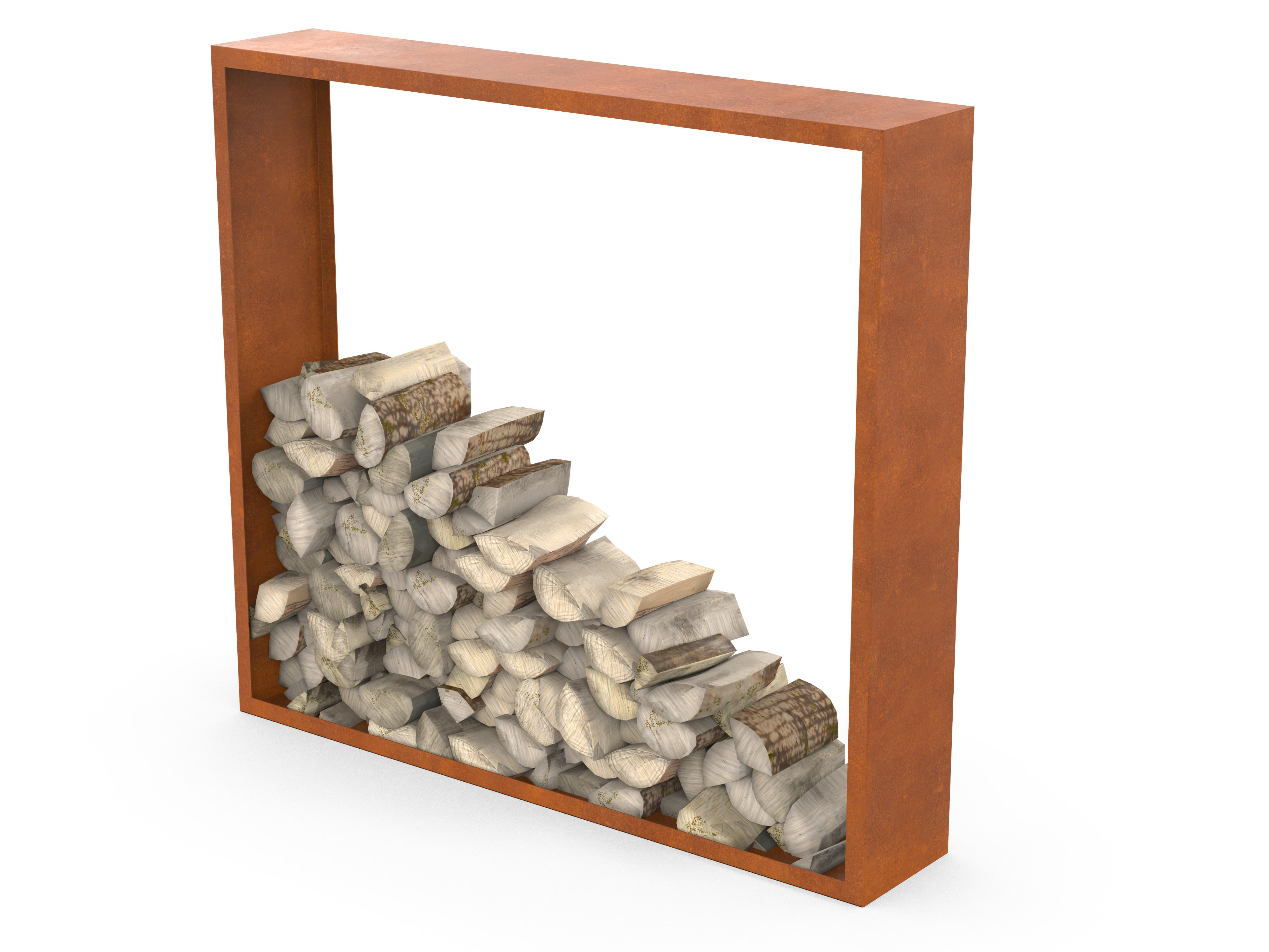 Brennholzregal aus Cortenstahl mit gestapeltem Kaminholz