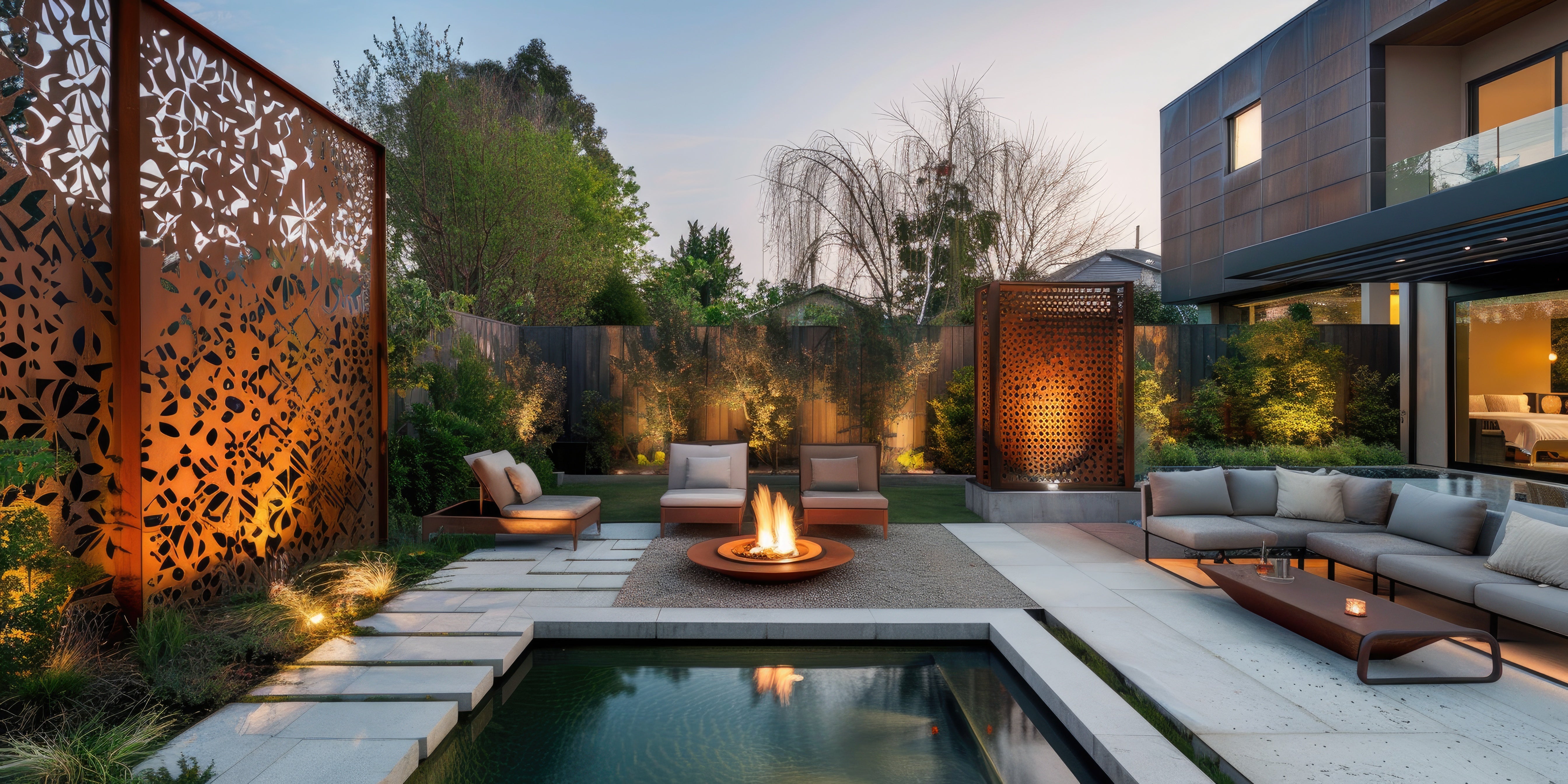 Moderner Garten mit Cortenstahl Sichtschutzelementen und Feuerstelle