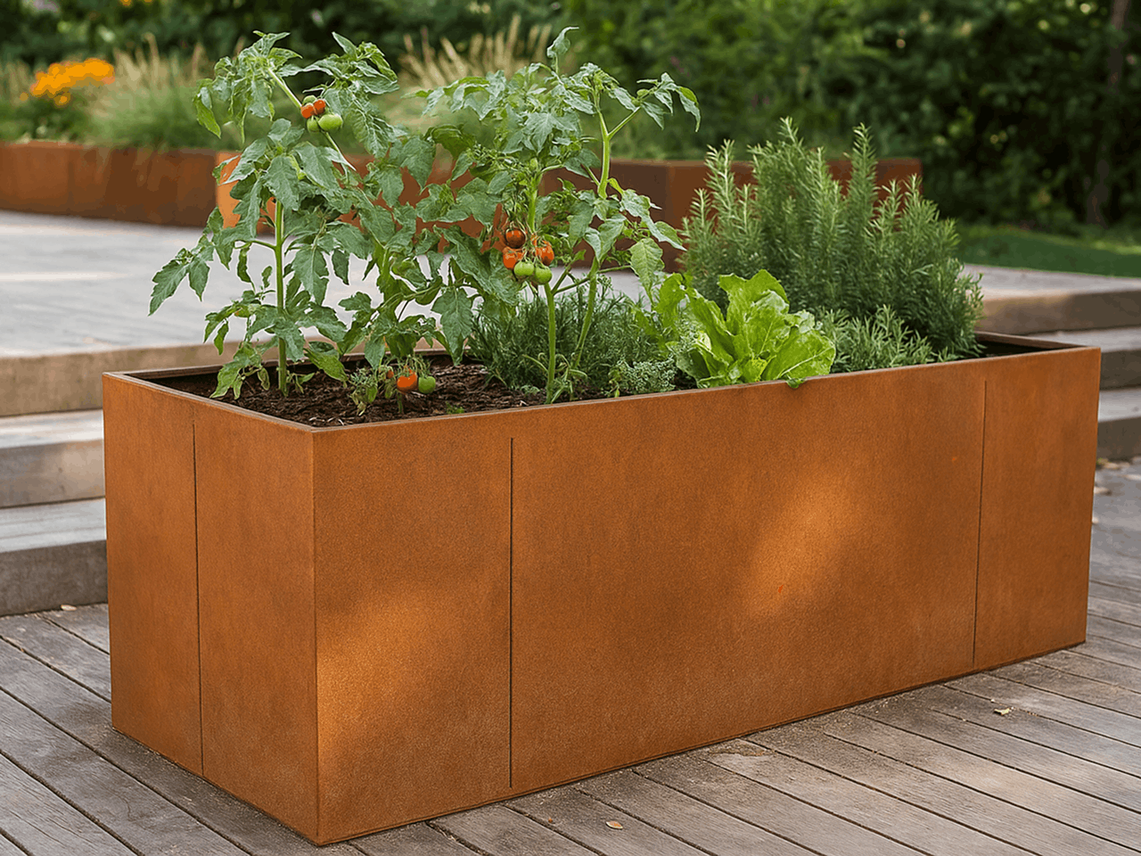 Hochbeet aus Cortenstahl mit Tomaten und Kräutern auf Terrasse