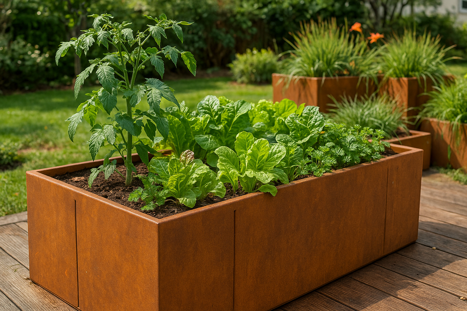 Hochbeet aus Cortenstahl mit Gemuese auf Holzterrasse