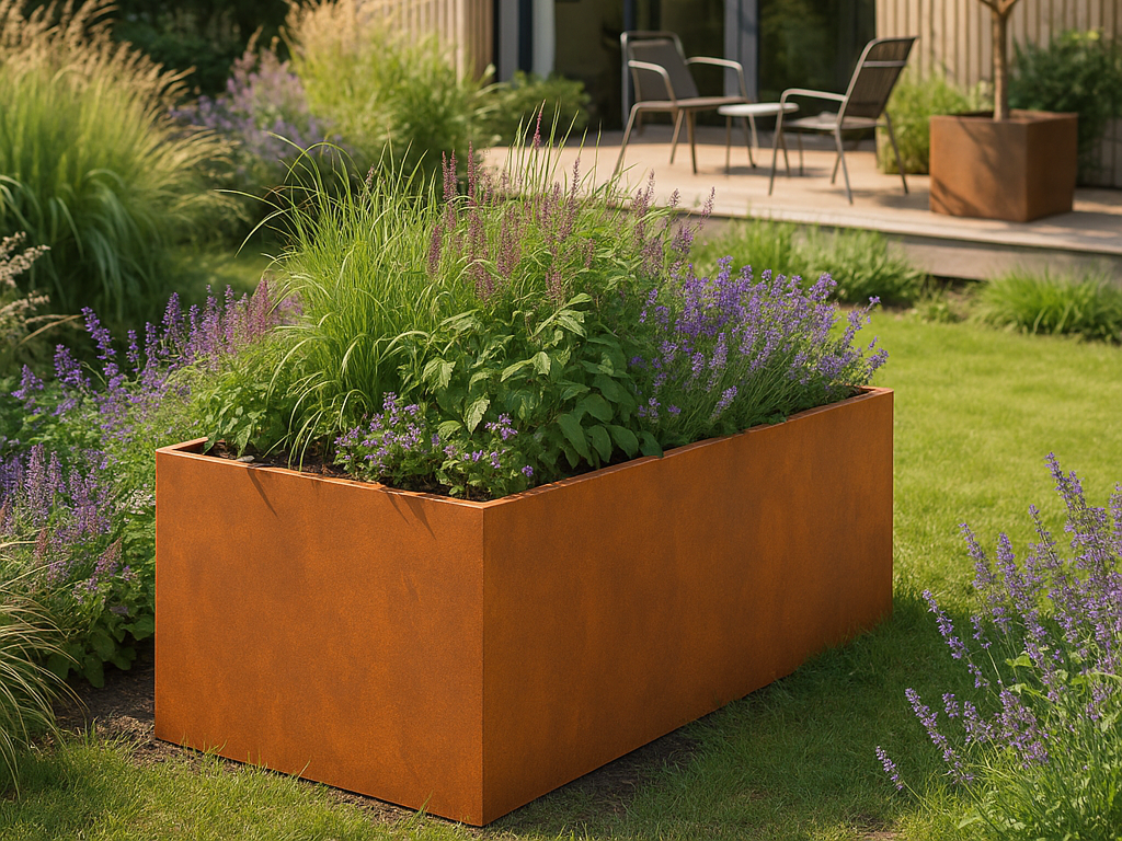 Hochbeet aus Cortenstahl mit Stauden vor moderner Terrasse