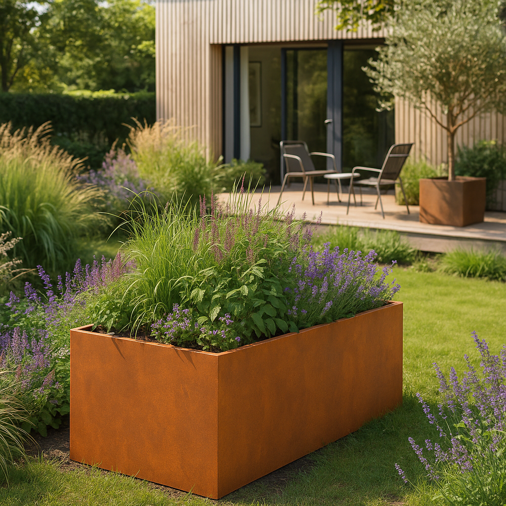 Rechteckiges Hochbeet aus Cortenstahl mit Bepflanzung im Garten