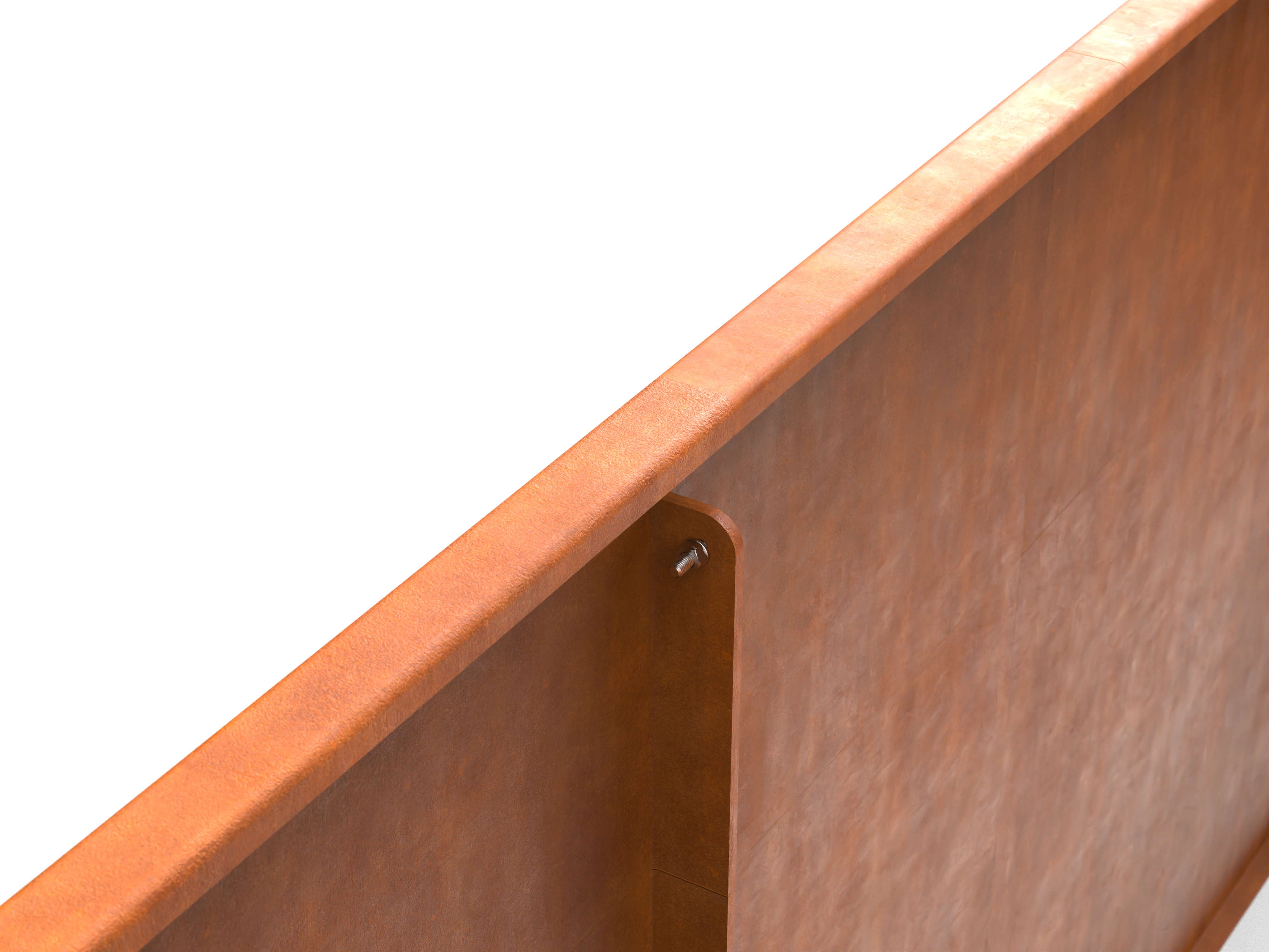 Detailansicht der Innenwand eines Pflanzkübels aus Cortenstahl