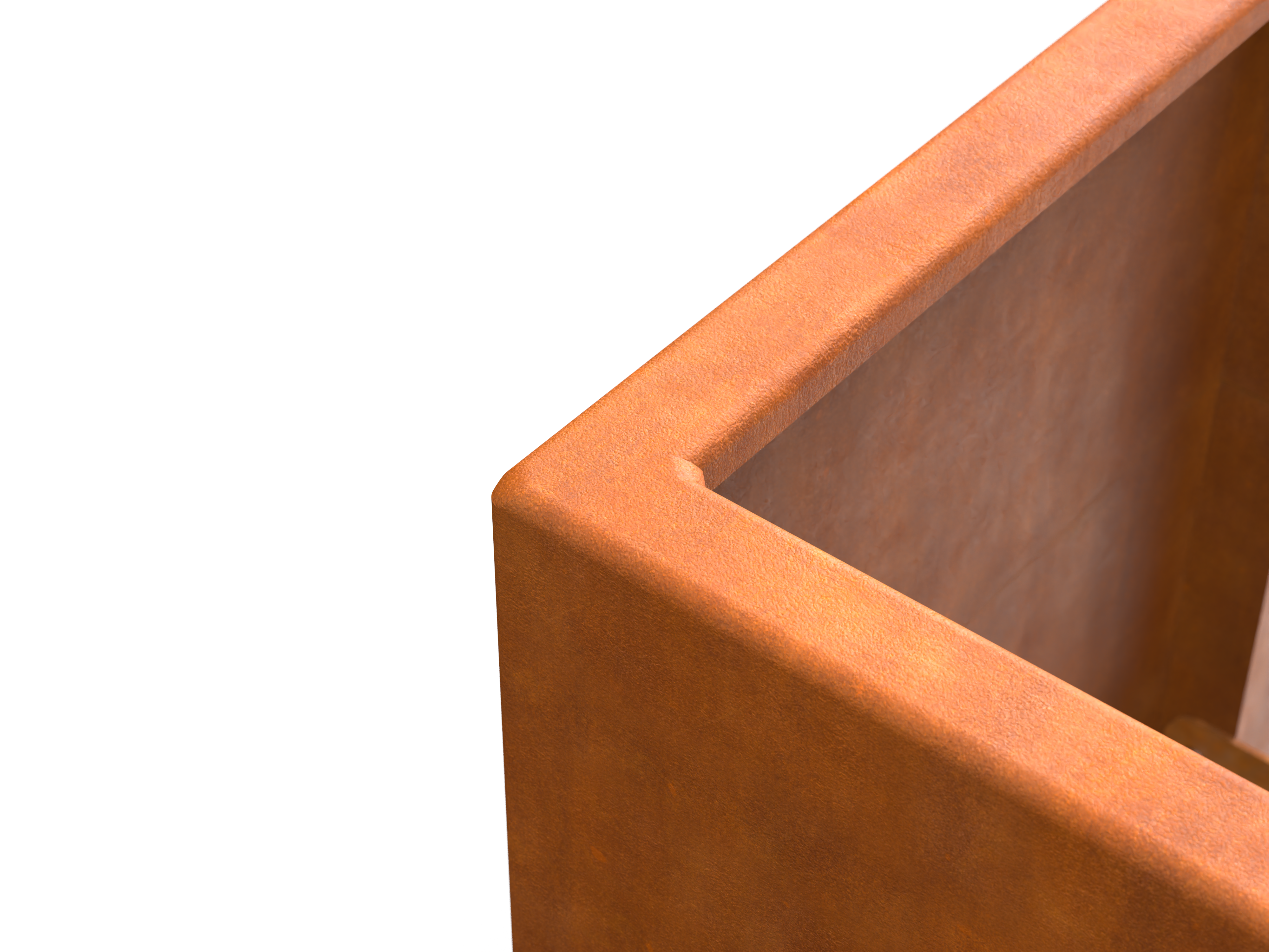 Detailansicht der umgelegten Kante eines Pflanzkübels aus Cortenstahl