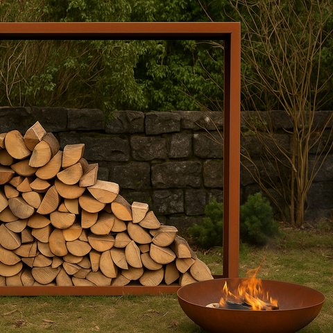 Brennholzregal aus Cortenstahl mit gestapeltem Holz neben Feuerschale