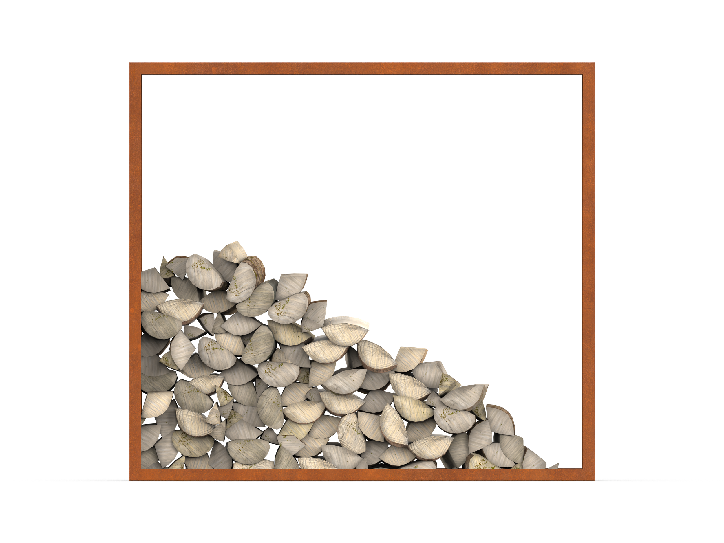 Frontansicht eines Brennholzregals aus Cortenstahl mit Kaminholz