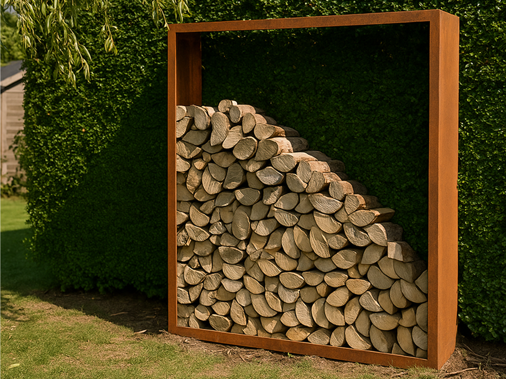 Brennholzregal aus Cortenstahl mit Kaminholz im Garten