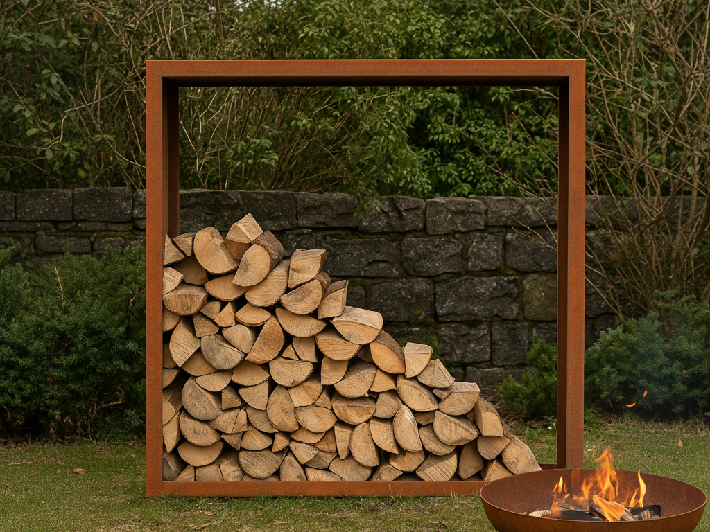 Brennholzregal aus Cortenstahl mit Holz vor Steinmauer