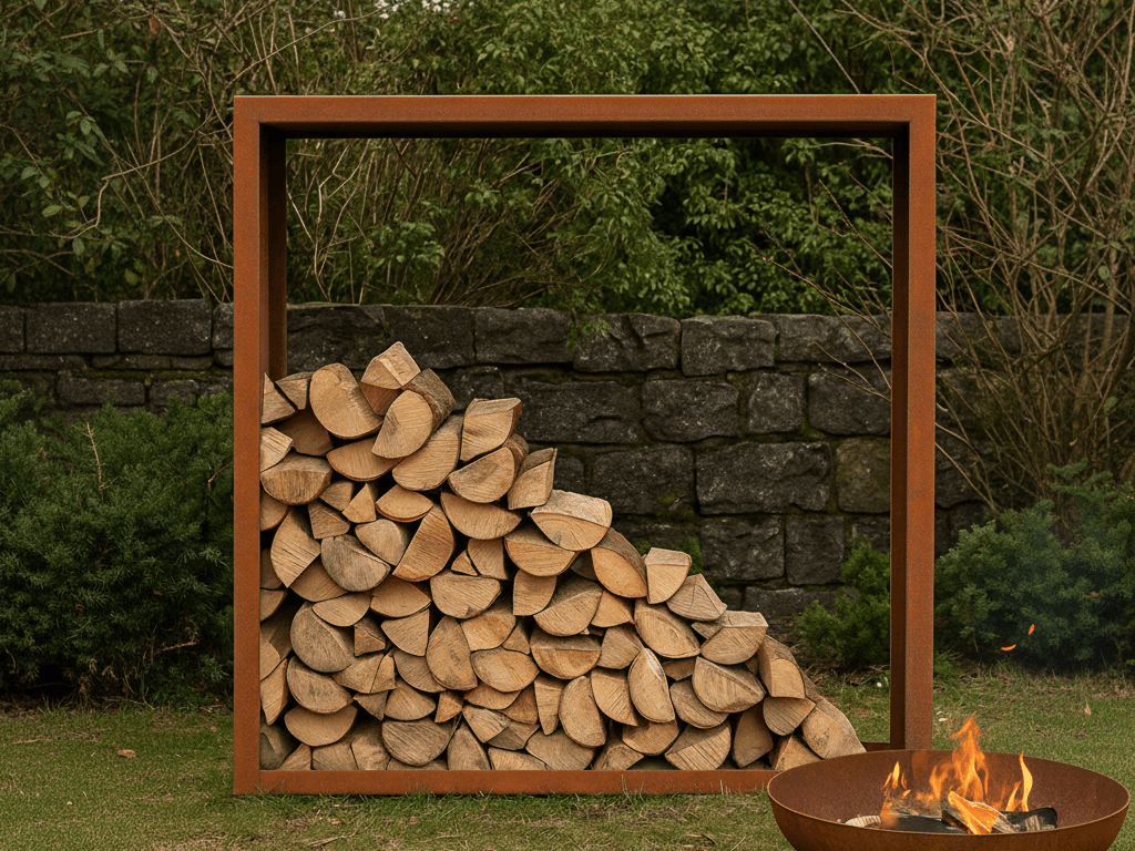 Brennholzregal aus Cortenstahl mit Holz vor Steinmauer