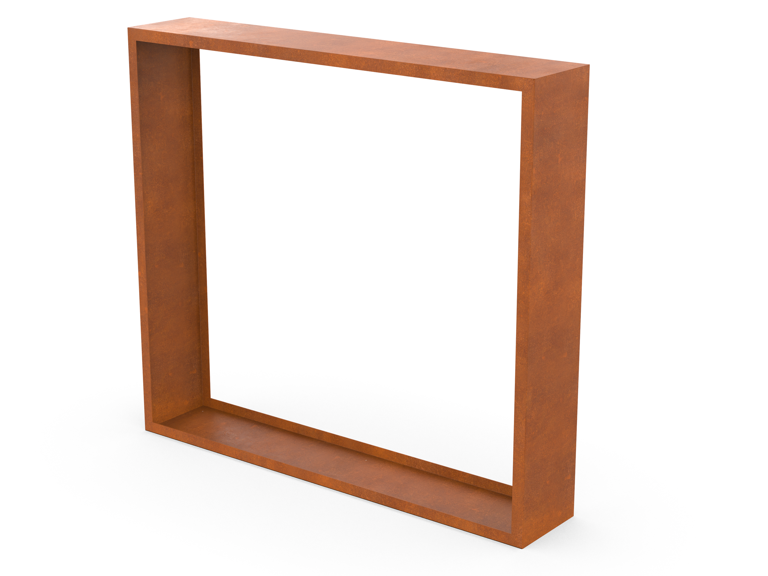 Leeres Brennholzregal aus Cortenstahl in perspektivischer Ansicht