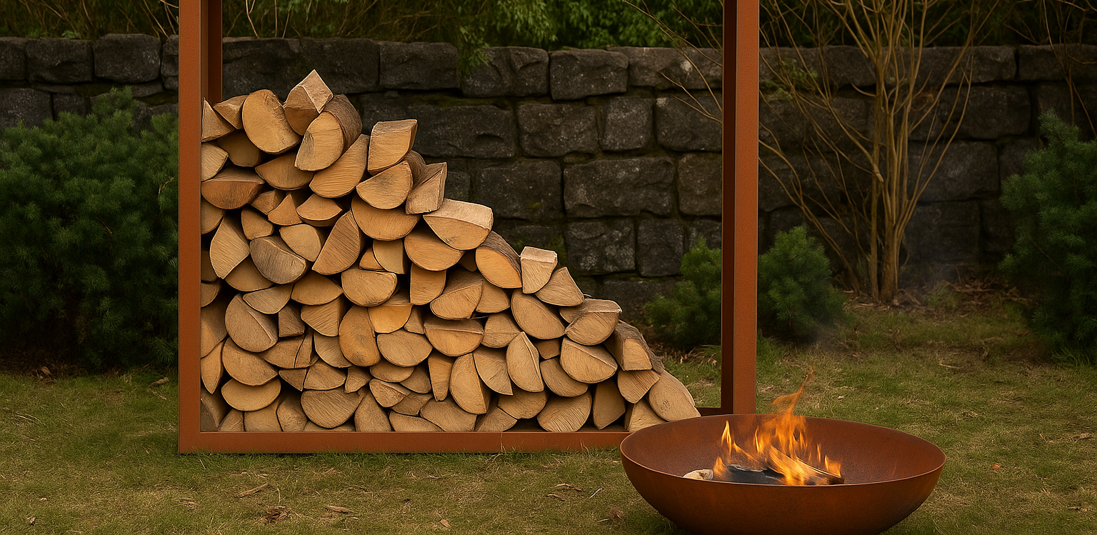 Rechteckiger Metallrahmen mit gestapeltem Brennholz im Garten