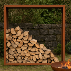 Brennholzregal aus Cortenstahl mit gestapeltem Kaminholz im Garten