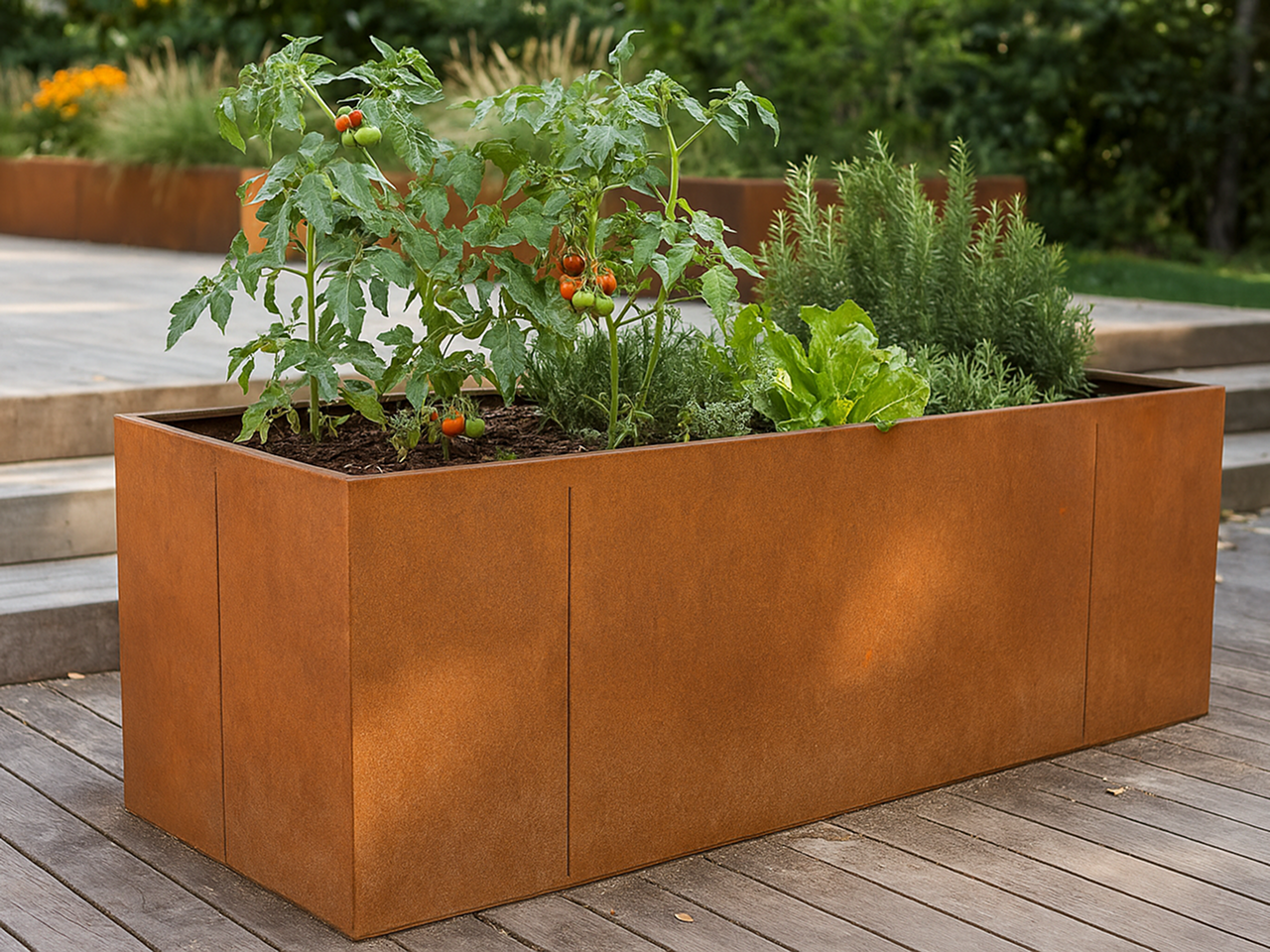 Hochbeet aus Cortenstahl mit Tomaten und Kräutern auf Terrasse