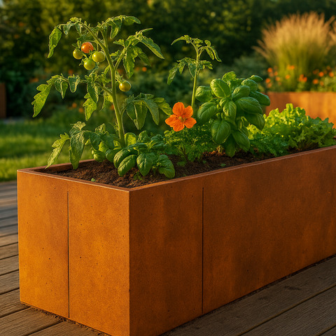 Hochbeet aus Cortenstahl mit Tomaten und Kräutern