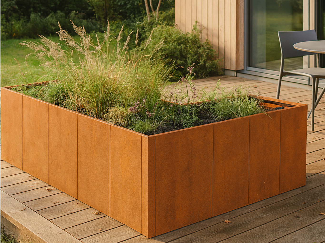 Hochbeet aus Cortenstahl mit Ziergräsern auf Holzterrasse