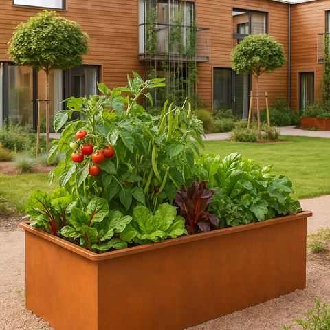 Hochbeet aus Cortenstahl mit Gemüsebepflanzung vor Wohngebäude