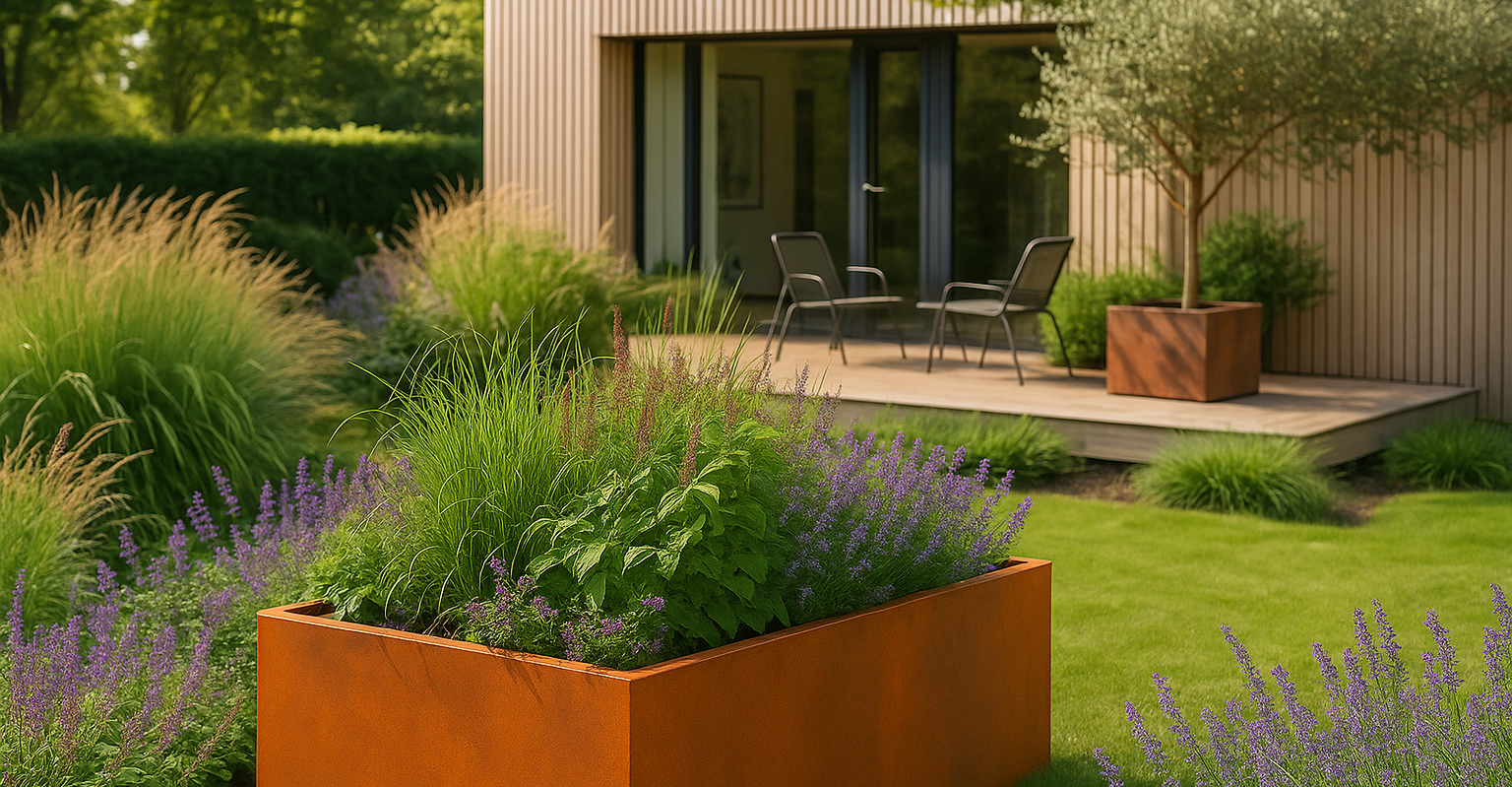 Rechteckiges Hochbeet aus Cortenstahl mit Bepflanzung im Garten