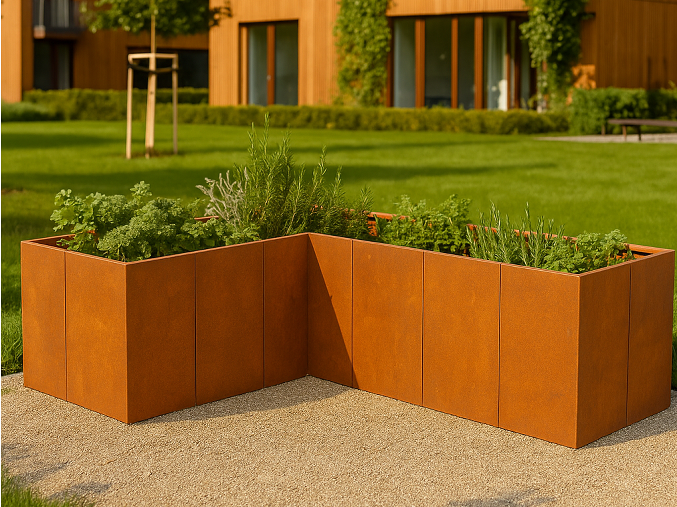 L-förmiges Hochbeet aus Cortenstahl mit Kräutern in Wohnanlage