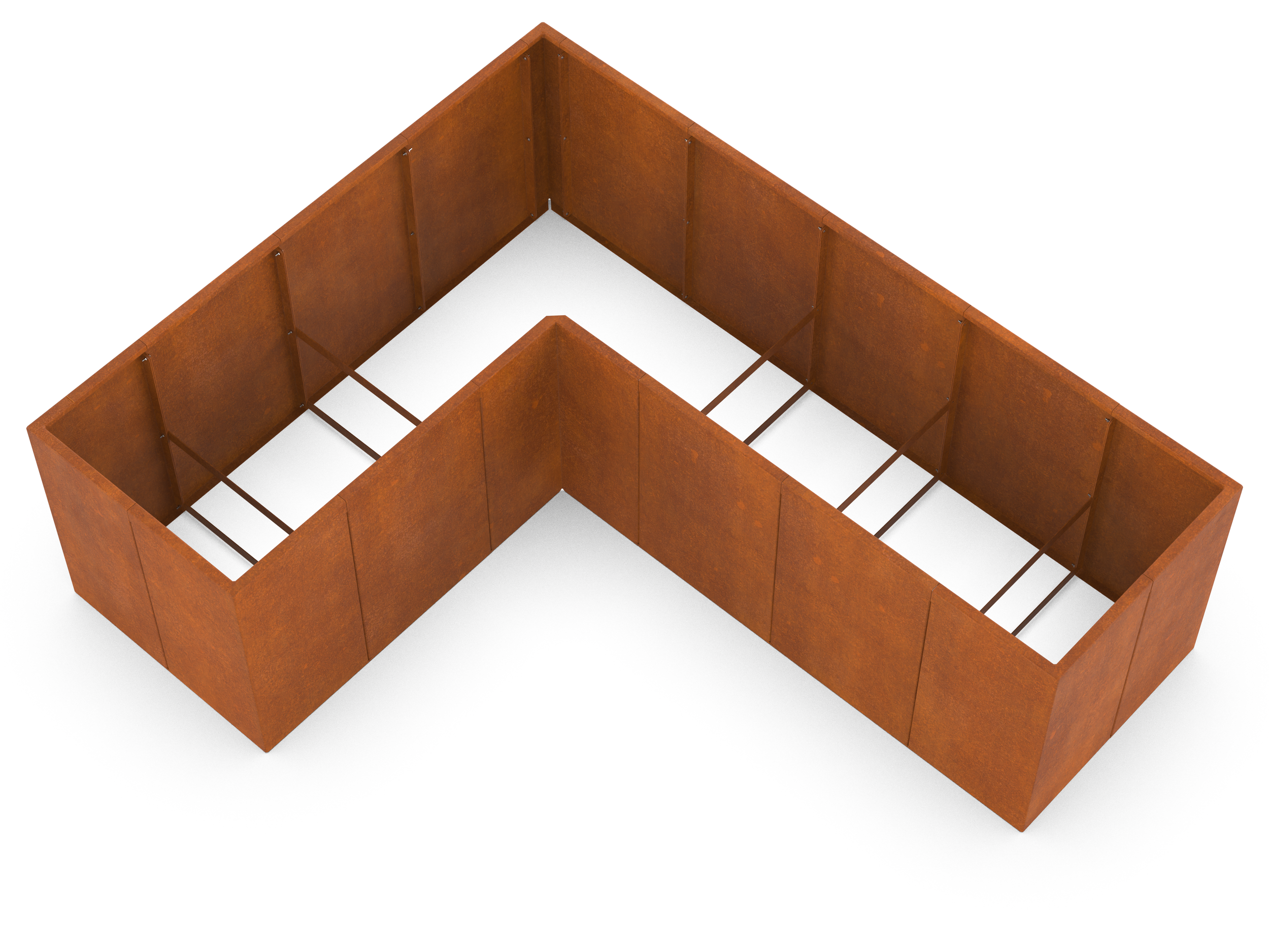 L-förmiges Hochbeet aus Cortenstahl mit innenliegenden Streben