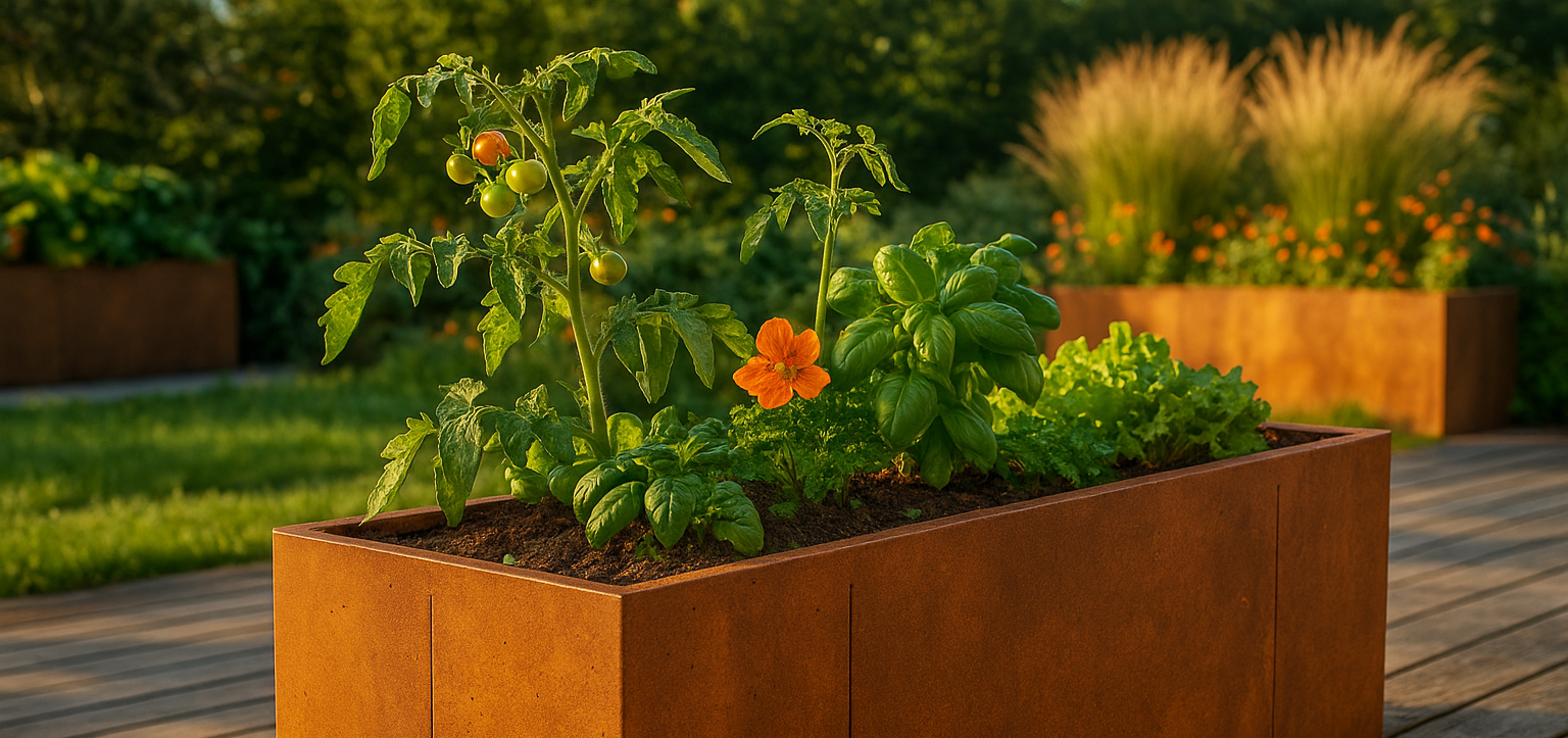 Hochbeet aus Cortenstahl mit Tomaten und Kräutern auf Holzterrasse