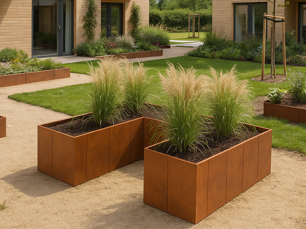 U-förmige Hochbeete aus Cortenstahl mit Ziergräsern in Wohnanlage
