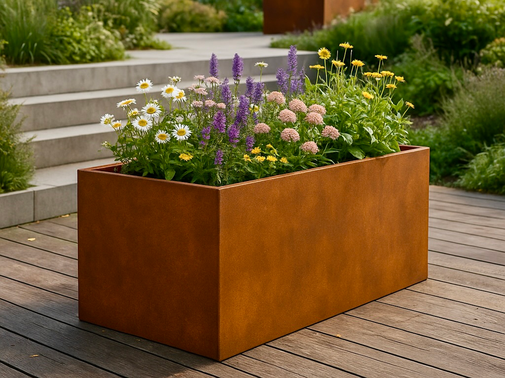 Pflanzkübel aus Cortenstahl mit blühenden Stauden im Garten