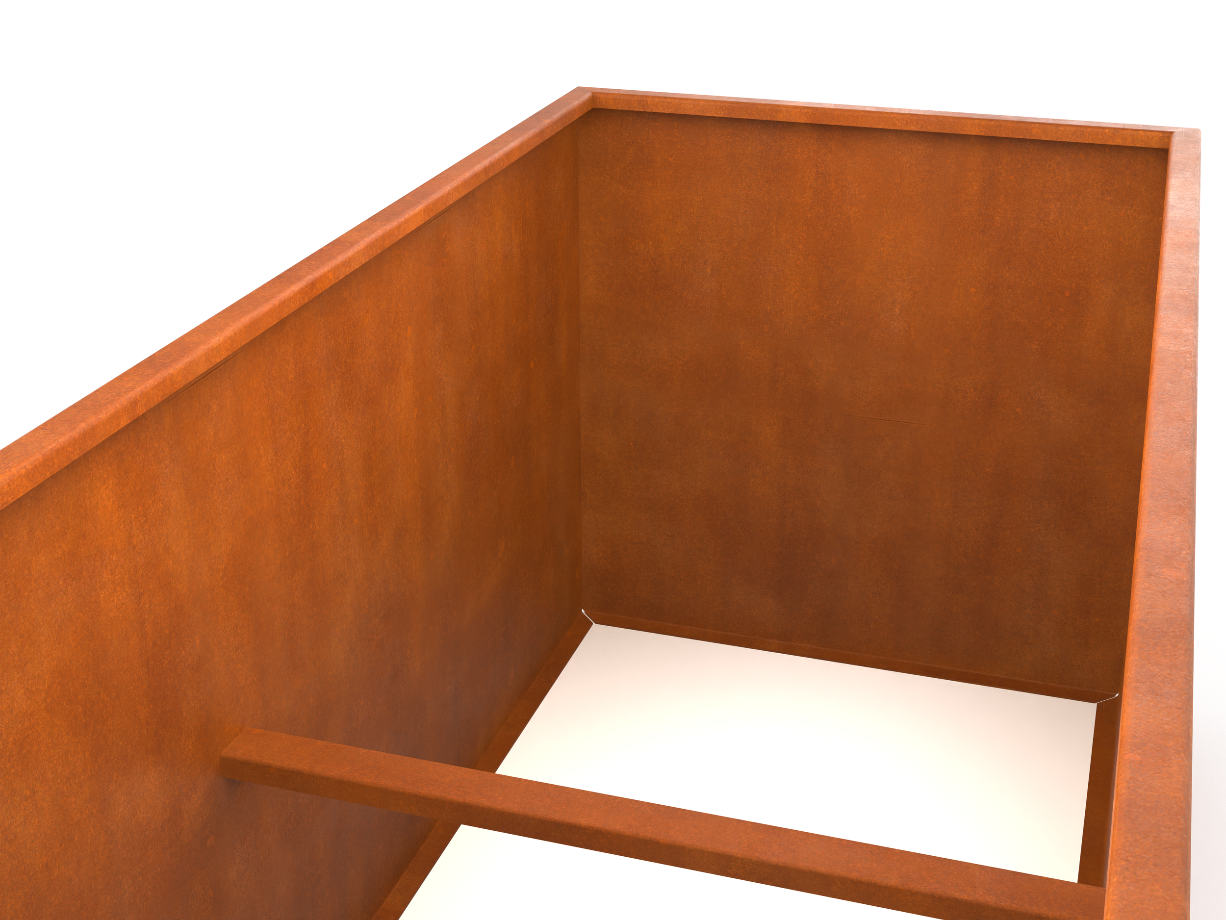 Innenansicht eines Pflanzkübels aus Cortenstahl mit Querstrebe