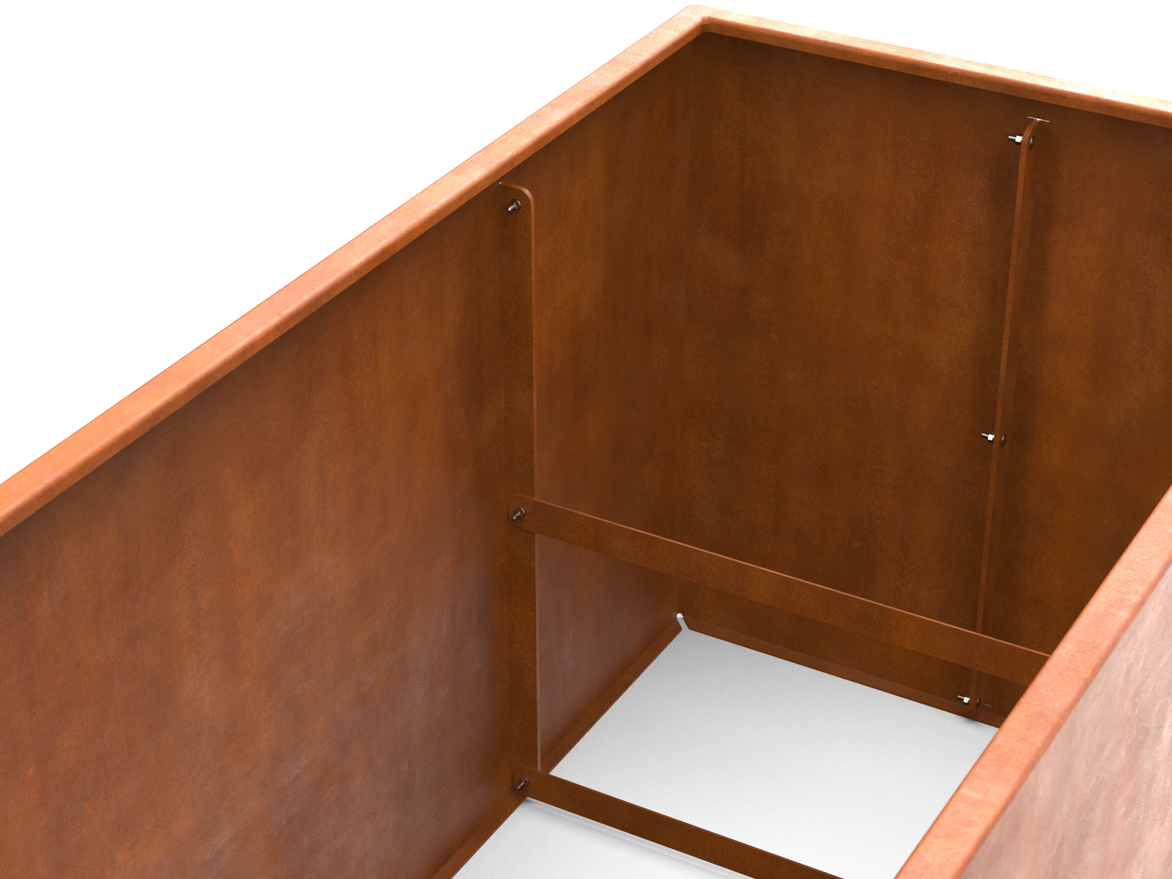 Innenansicht eines Pflanzkübels aus Cortenstahl mit Querstreben