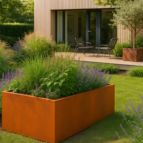 Pflanzkübel aus Cortenstahl mit Stauden vor moderner Terrasse