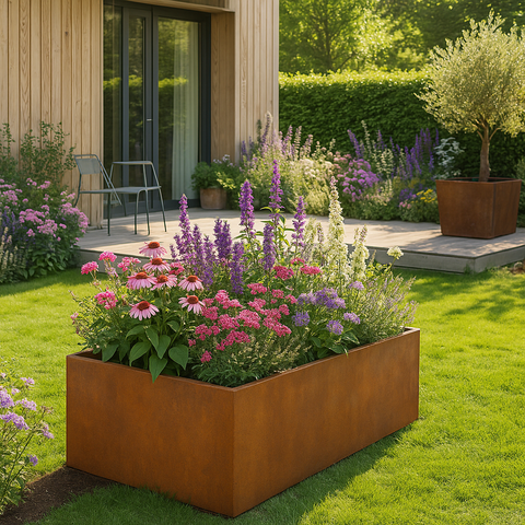 Pflanzkübel aus Cortenstahl mit Stauden im Vorgarten