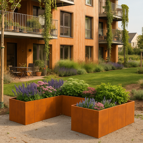 Mehrere Pflanzkübel aus Cortenstahl in moderner Wohnanlage