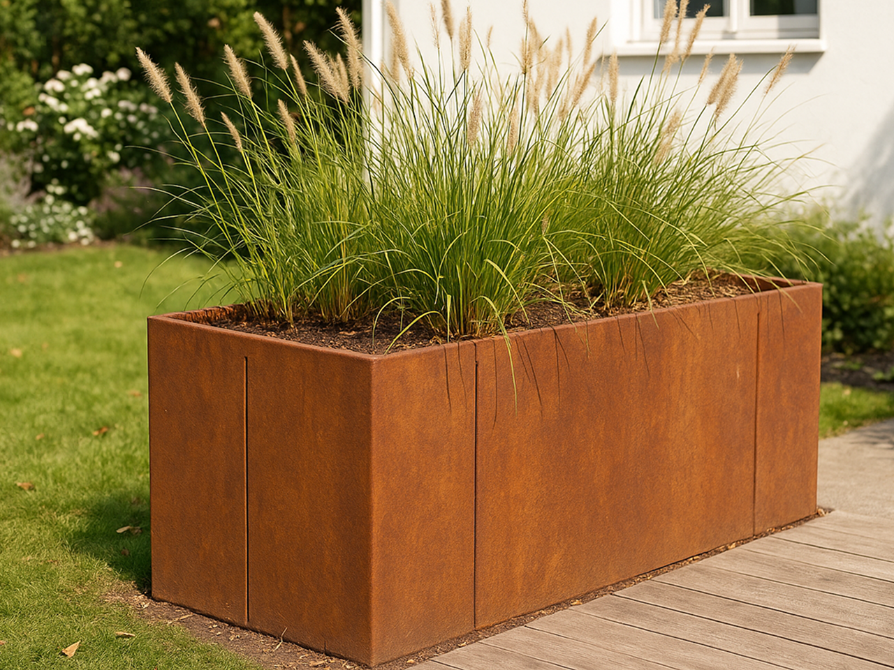 Pflanzkübel aus Cortenstahl mit Ziergräsern im Garten