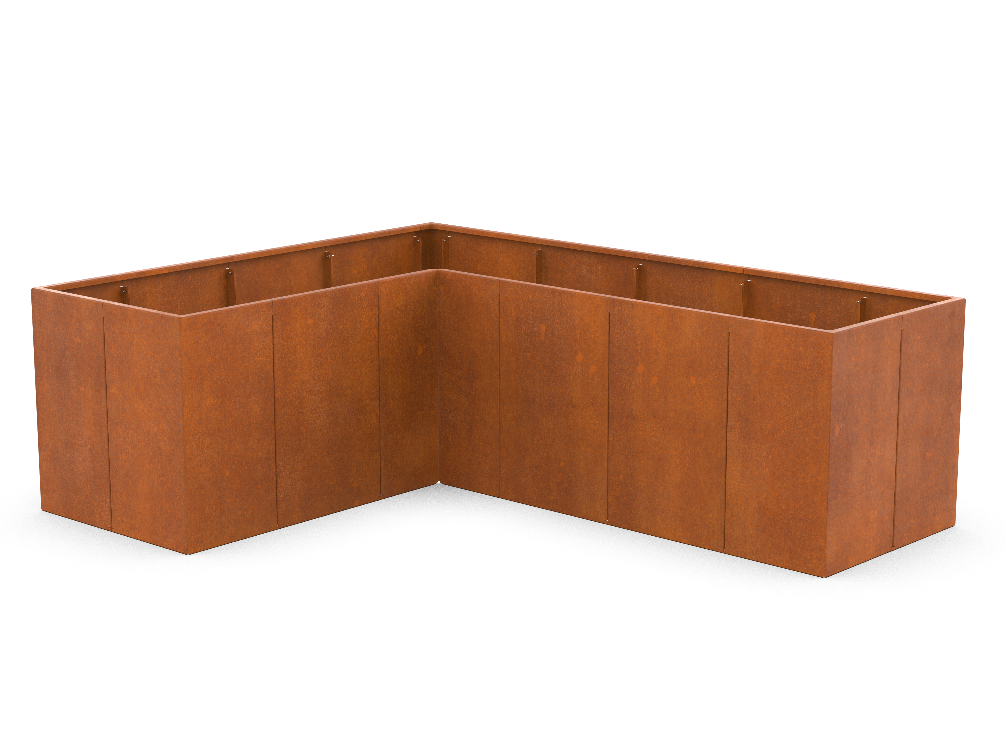 L-förmiger Pflanzkübel aus Cortenstahl auf weißem Hintergrund