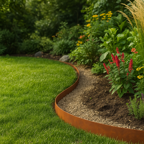 Geschwungene Rasenkante aus Cortenstahl zwischen Rasen und Beet