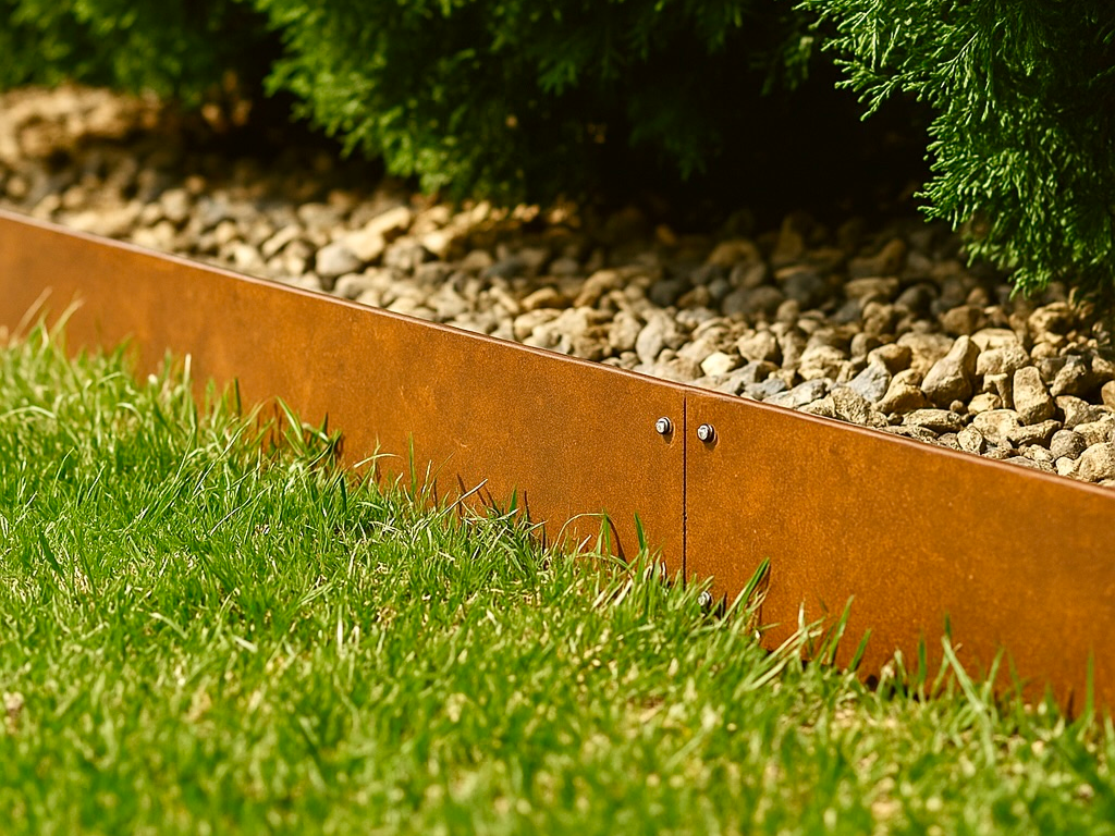 Detail einer Metallkante zwischen Rasen und Kiesbeet