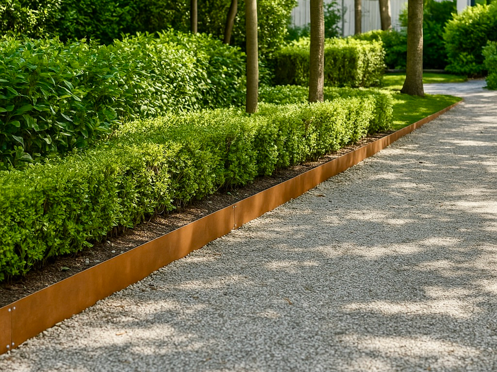 Metallkante entlang eines Kieswegs im Garten