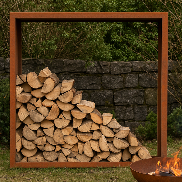 Holzscheite gestapelt in rechteckigem Rahmen aus Cortenstahl