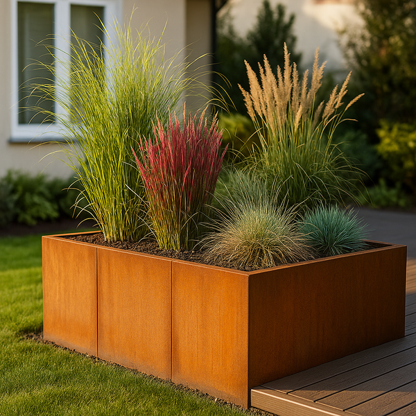 Quadratischer Pflanzkasten aus Cortenstahl mit Ziergraesern